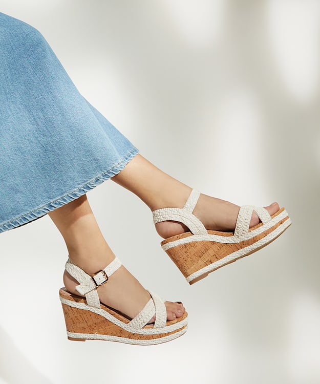 Kelisa White Wide Fit Woven Strap Wedge Sandals Dune London