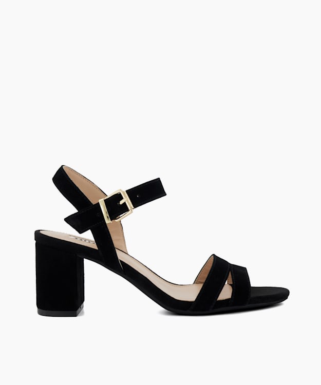 Merisa Black, Wide Fit Suede Block-Heeled Sandals | Dune London