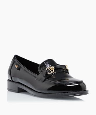 dune black patent loafers